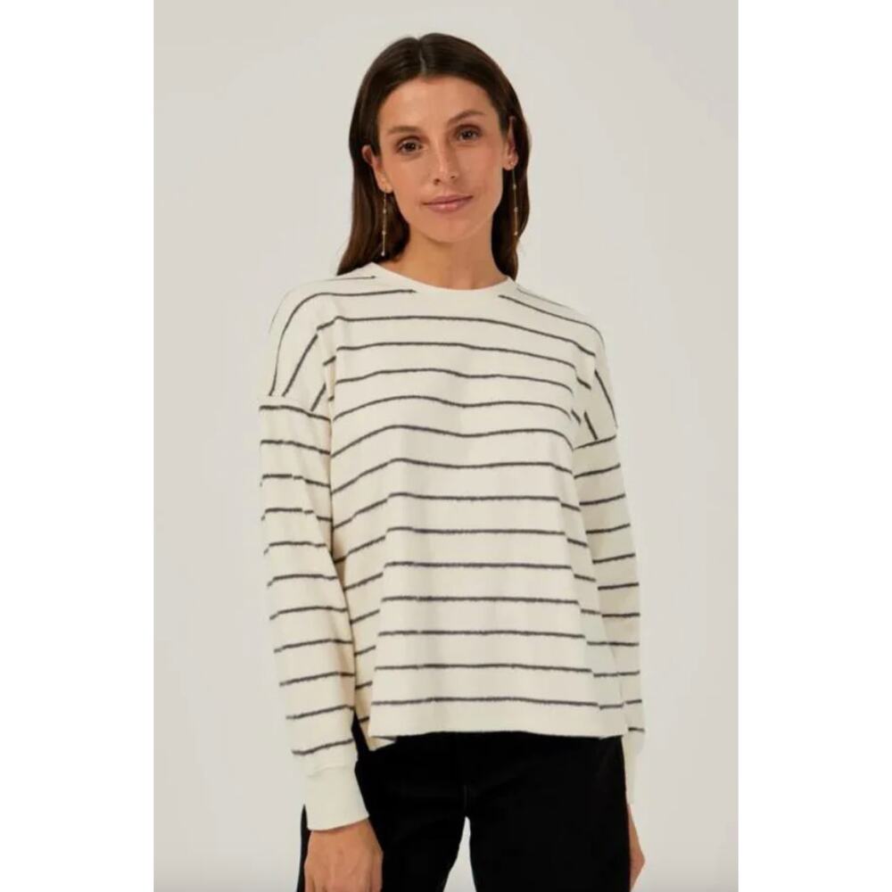 Mus & Bombon Aldea Stripe Sweatshirt Boucle Knit Top S Small Navy Blue Cream
